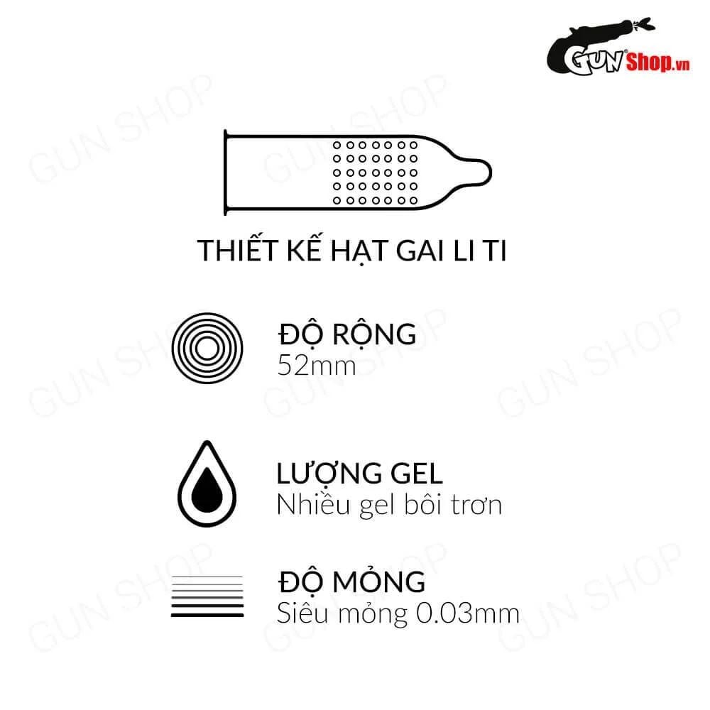 Bao cao su Muaisi 0.03 Ultrathin Vàng - Siêu mỏng có hạt - Hộp 12 cái